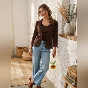 Vintage Y2K Joseph‎ A. Chocolate Brown Crochet Two Piece Cardigan Set Size M/L